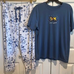 2Pc PJ Set 💙SOMA Pants & LIFE IS GOOD T / Blue Floral Pants w Pockets & Ski Dog